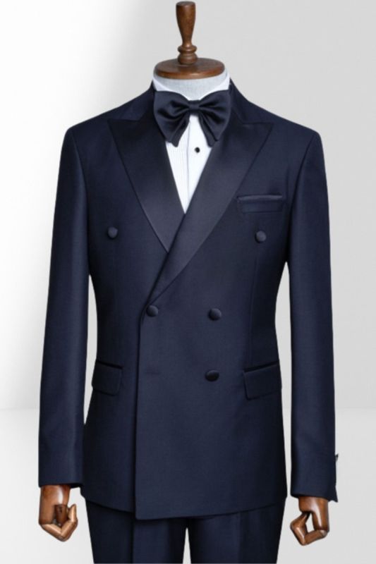 Navy Blue Peak Collar Double Breasted Men Peak Collar Two Piece Suit