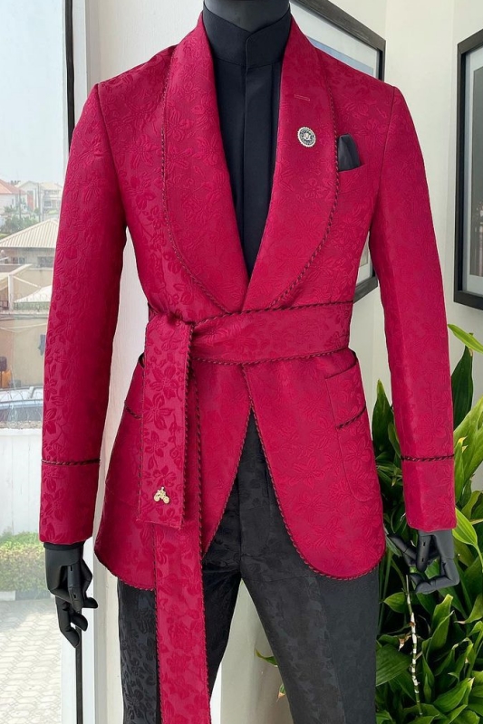 Modern Red Shawl Lapel Two-Piece Jacquard Wedding Men Suit