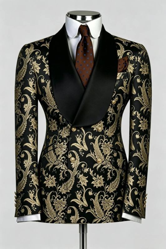Black Gold Paisley Jacquard Double-Breasted Tuxedo Suit for Men