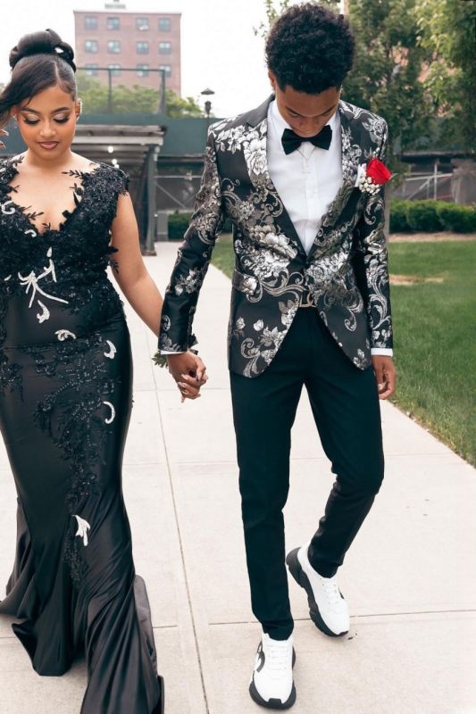 Eden Modern Black Peaked Lapel Single Button Jacquard Two Piece Prom Suit