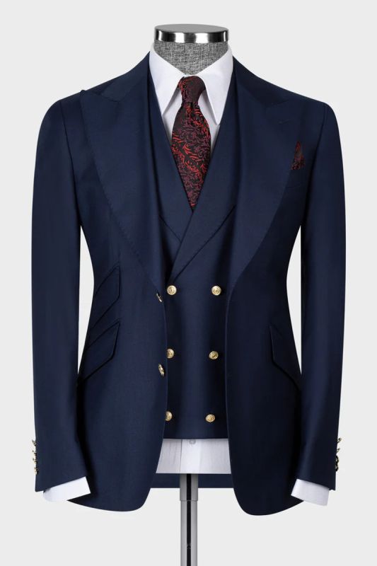 Dark navy blue slim fit double breasted peak collar three piece men suits