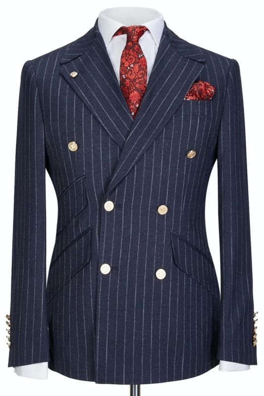 Navy Blue Lapel Gold Button Double Breasted Striped Men Two Piece Suit