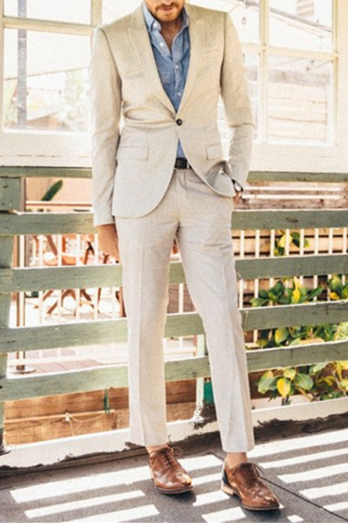 Ivory Linen Mens Wedding Suits | 2 Piece Slim Groom Prom Mens Tuxedos