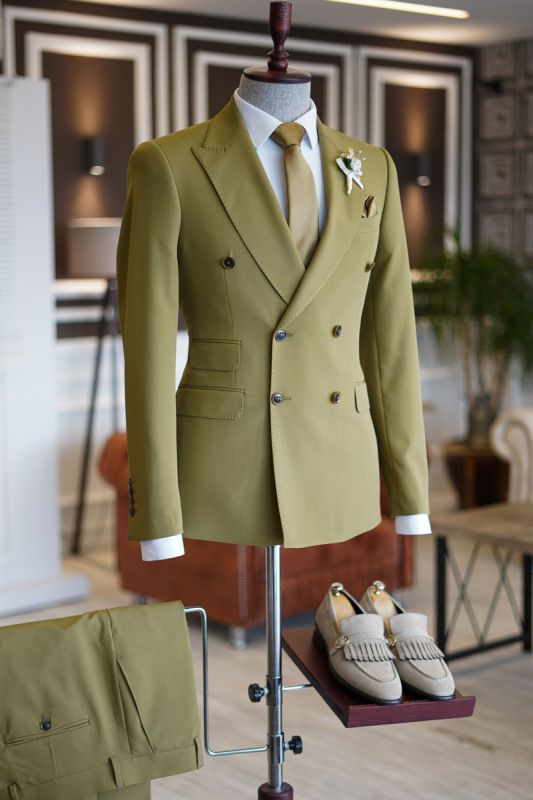 Nat Fashion Green Pointed Lapel Double Breasted Prom Mens Suit