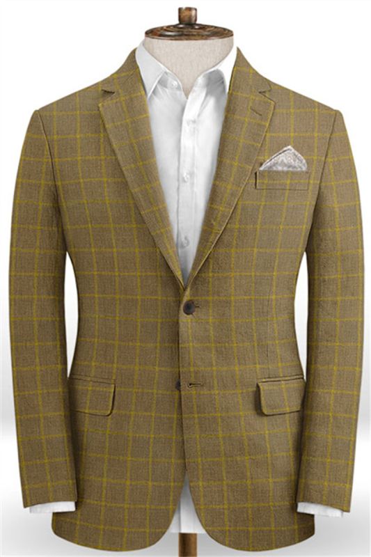 Gold Brown Plaid Prom Suits For Men Online | High Quality 2 Piece English Suits