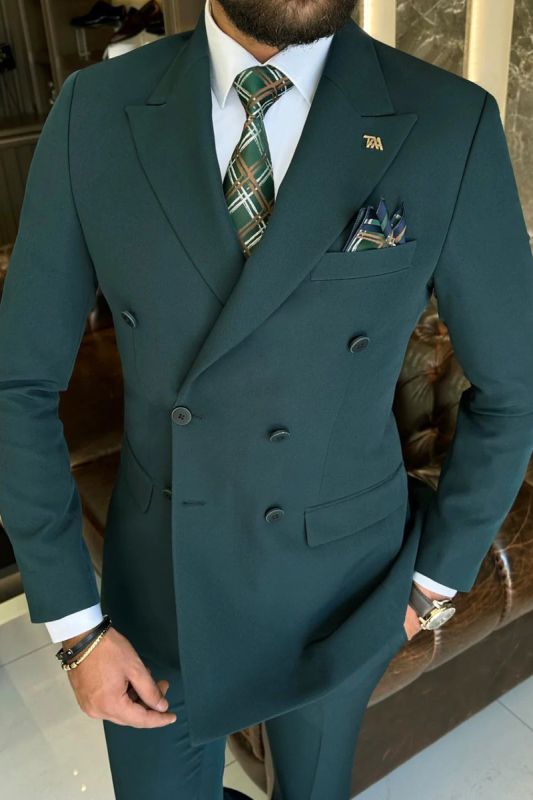 Italian Simple Dark Green Pointed Collar Double Breasted Two Piece Slim Fit Suits