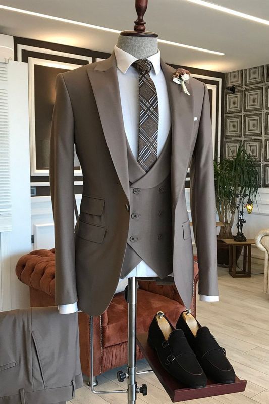 Ken Elegant Coffee 3-Piece Point Lapel Slim Fit Suit