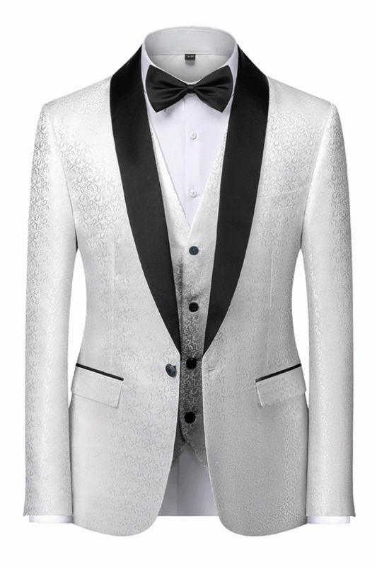 Gentle Black And White Men Wedding Tuxedos | Satin Shawl Lapel Jacquard Prom Suits