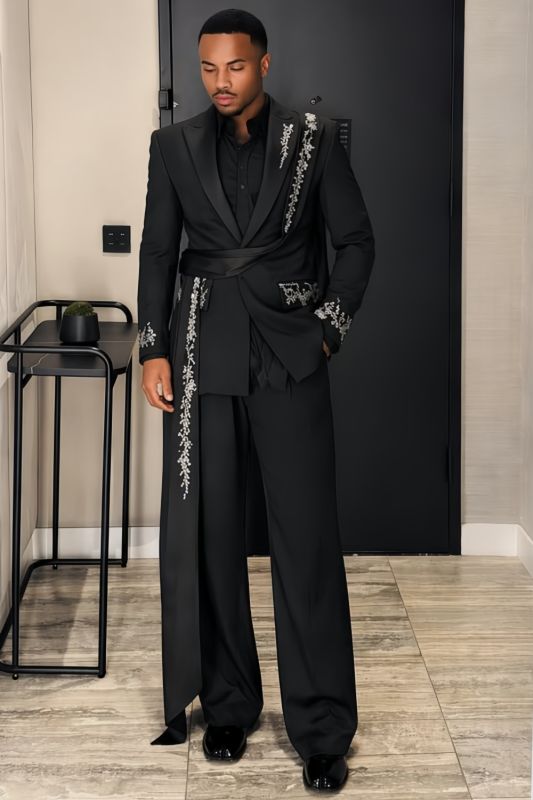 Norris Fashion Black Peaked Lapel Appliques Prom Suits With Long Sash