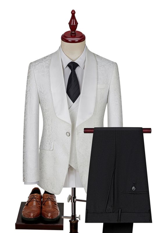 White Shawl Bollar Men Jacquard Three Piece Suit | Men Wedding Suits