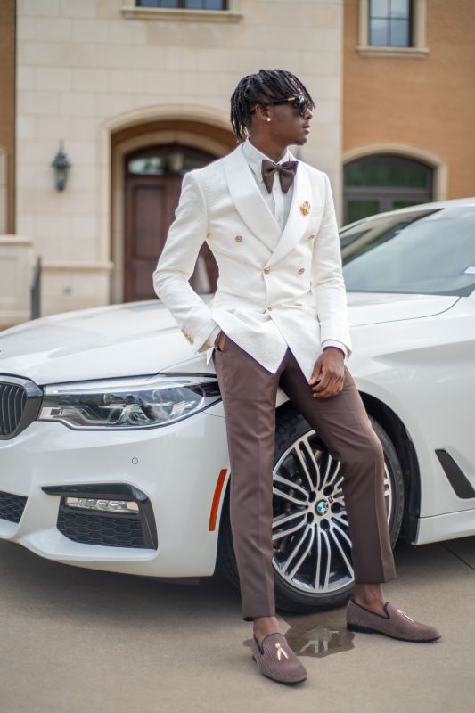 Charles Bespoke White Jacquard Double Breasted Two Piece Prom Suits Wool Pants With Satin  Shawl Lapel