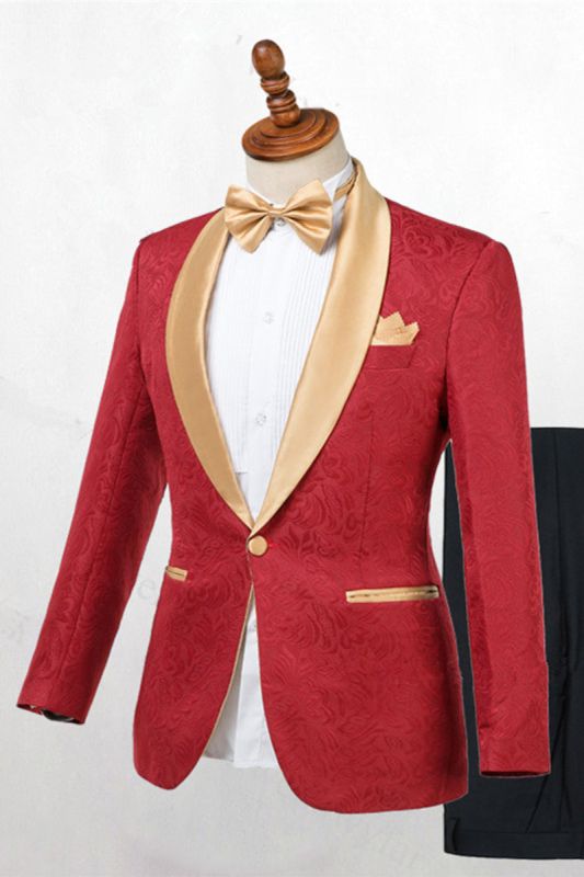 Cooper Red Jacquard One Button Wedding Men Gold Lapel Suit