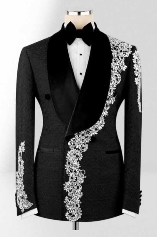 Brady Men's Black Double-Breasted Tuxedo with Silver Embroidery Prom Suit