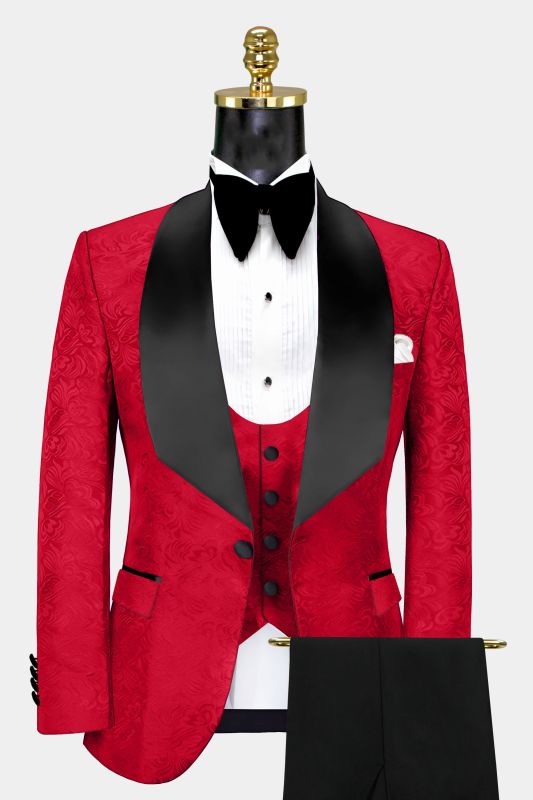 Wayne Shawl Lapel Jacquard Red and Black Tuxedo Men's Three-Piece Set