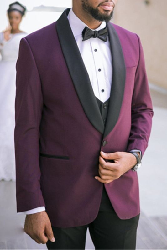 Charles Purple Three-Piece Slim Fit Black Lapel Wedding Suit