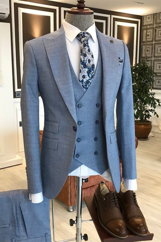 Marvin Fashion Blue Small Plaid Lapel Slim Fit Mens Business Suit