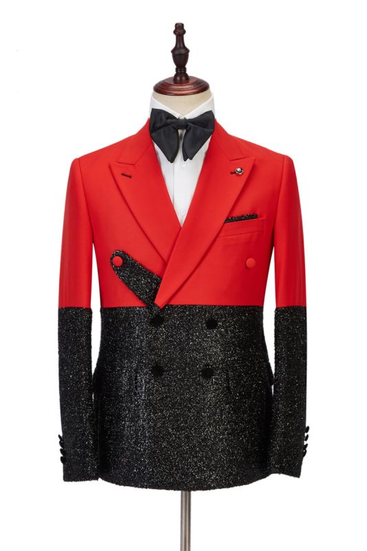 Peak Lapel Bright Red Stitching Sparkle Black Fashion Mens Suit