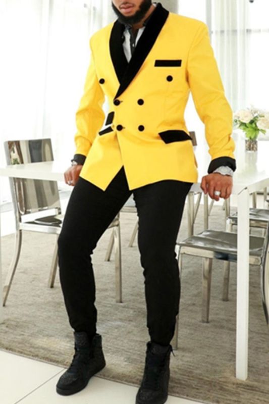 Stylish Yellow Double Breasted Slim Fit Men Suit With Black Cape