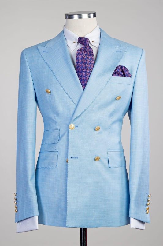 Sky Blue New Arrival Point Collar Double Breasted Two-Piece Prom Suit