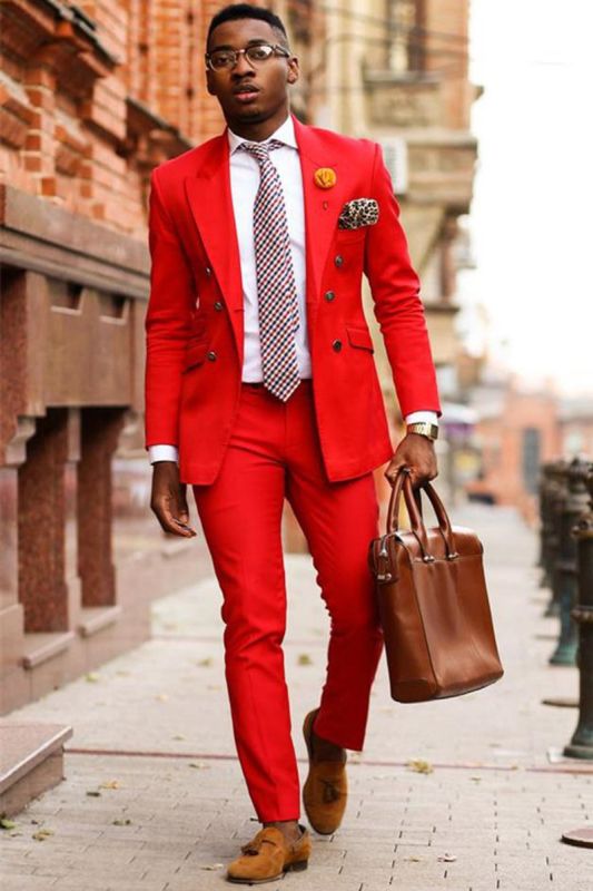 Aaron Fashion Red Double Breasted Point Lapel Prom Men Suit