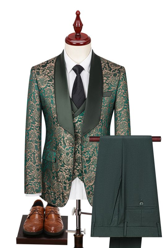 Green Shawl Bollar Men Jacquard Three Piece Suit | Men Wedding Suits