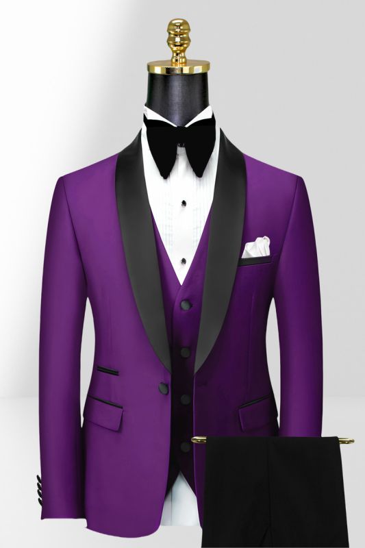 Purple Slim Shawl Collar Mens Three Piece Tuxedo Suit | Black Pants