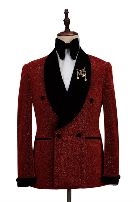 Cristian Sparkle Red Black Cape Lapel Double Breasted Fashion Wedding Mens Suit