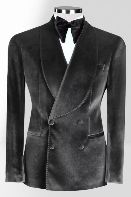 Dark Gray Velvet Shawl Collar Double Breasted Men Two Piece Wedding && Prom Suit