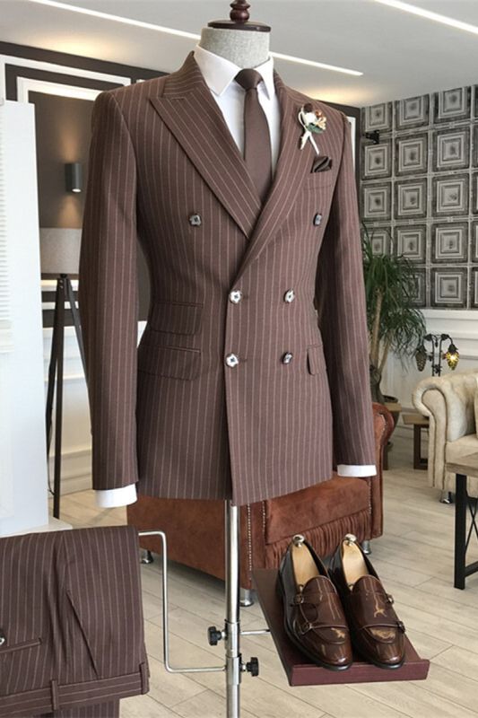 Stylish Coffee Peaked Lapel Double Breasted Striped Business Suits