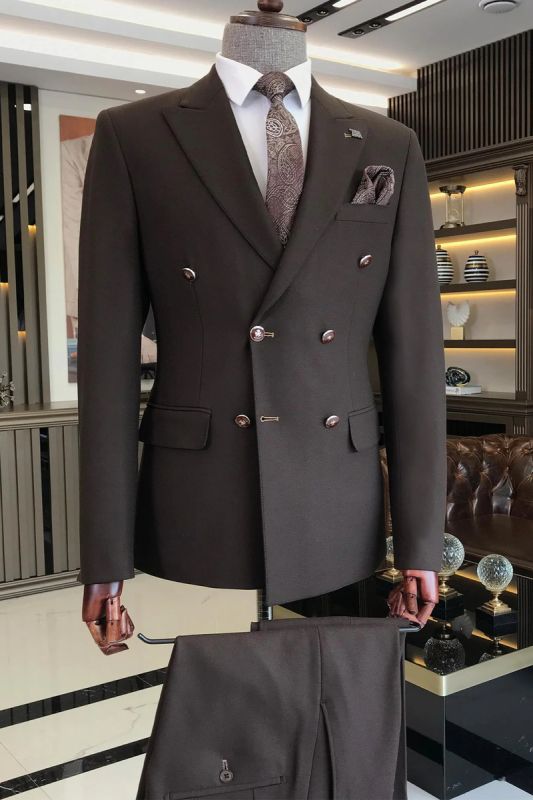 Modern Dark Brown Peak Lapel Double Breasted Mens Two Piece Suits