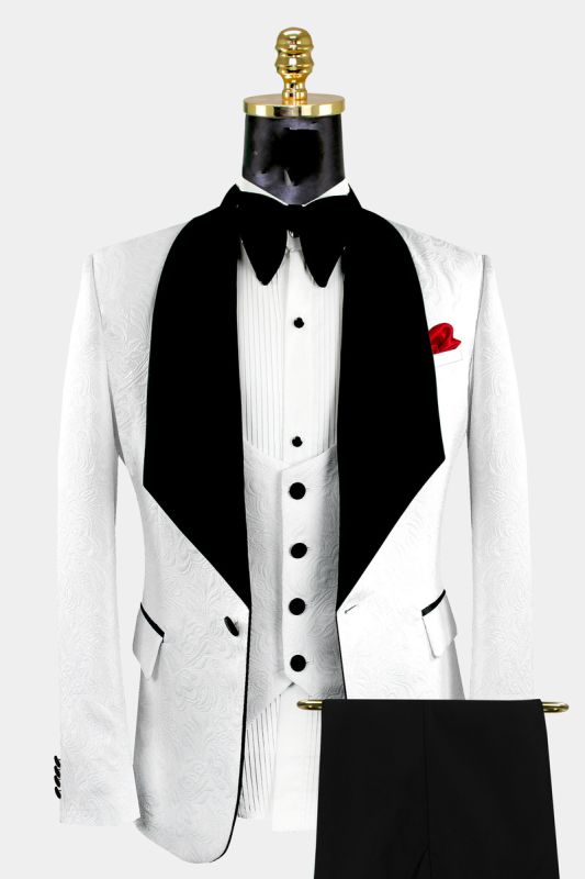 Dillon White Three Piece Fashion Jacquard Shawl Lapel Wedding Suit Set