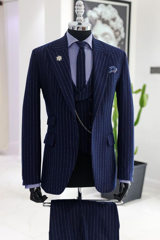 Shiny Navy Blue Peaked Lapel Three Piece Striped Suit | Bright Silver Stripes