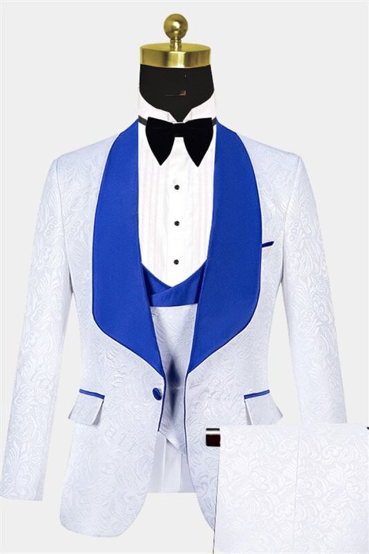 White Jacquard Tuxedo with Blue Shawl Lapel | Three-Piece Set Sale at