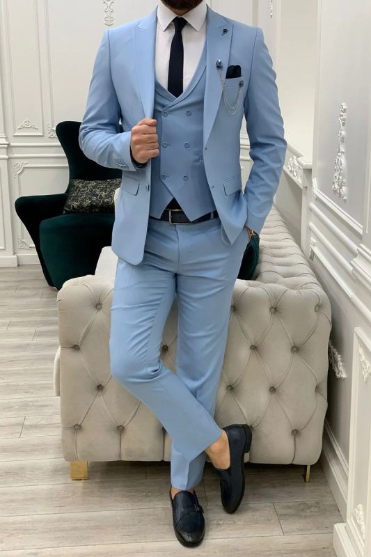 Brady Sky Blue Peak Collar Men's Slim Fit Three Piece Prom Suit
