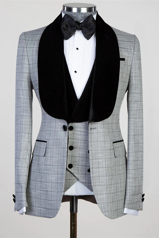 Bespoke Gray Plaid Three Pieces Men Suits for Wedding