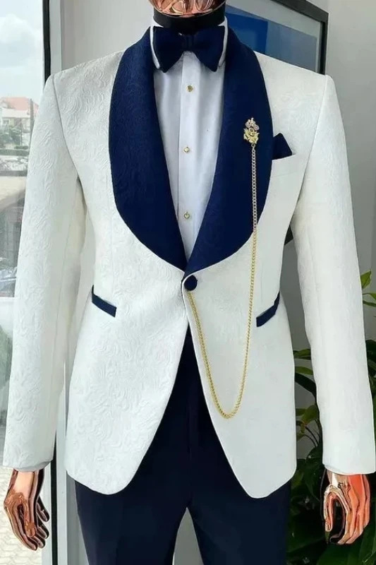 Chic White Jacquard Navy Blue Shawl Lapel Wedding Two Piece Suit