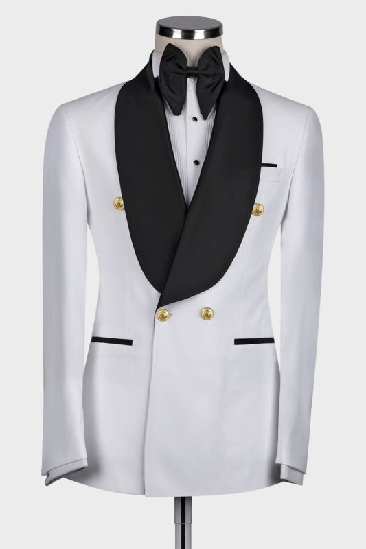 White Double Breasted Flap Wool Blend Shawl Collar Men Wedding Suit | Gold Buttons