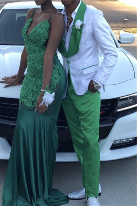 Green Lapel Men White Jacquard One Button Prom Costume