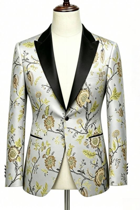 Men White 3D Floral Embroidered Black Lapel Two Piece Tuxedo Suit