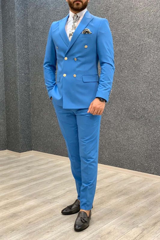 Blue Slim Fit Wool Men Double Breasted Two Piece Wedding Suit | Metal Buttons With Silk Lining
