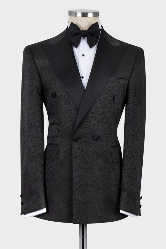 Black Jacquard Point Collar Double Breasted Men's Suit