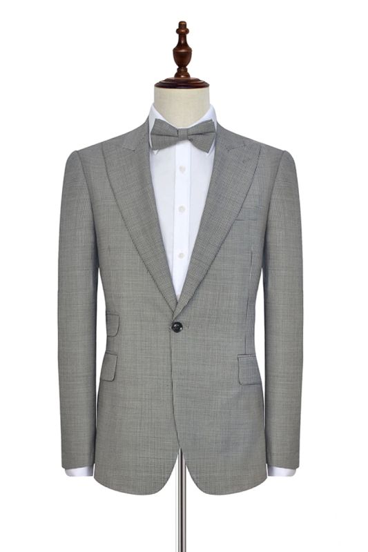 Men Small Plaid Gray Casual Suit |  Peak Lapel One Button Men Business Suit