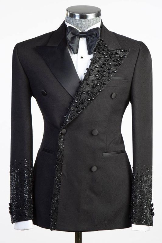 Shiny Black Double Breasted Two Piece Wool Wedding Suit | With Beading Prom Suit