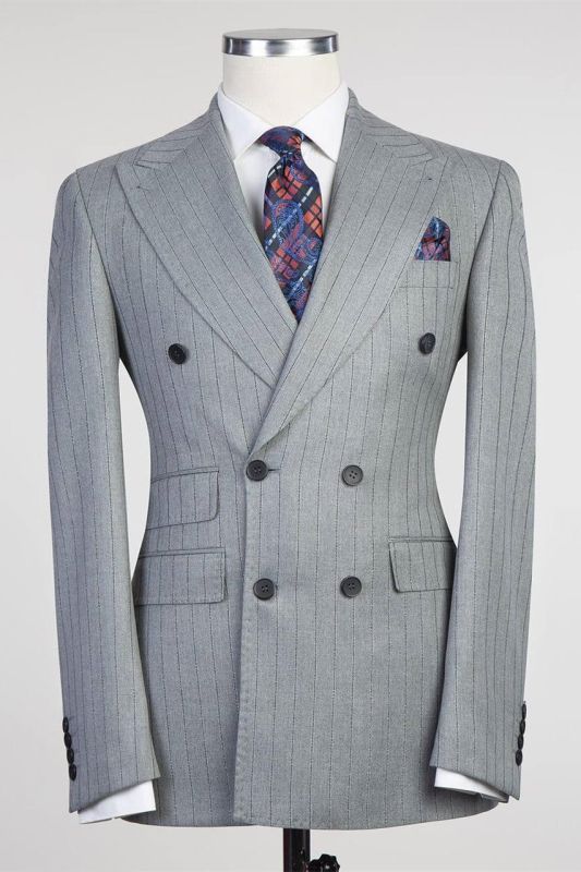 Formal Light Gray Double Breasted Point Collar Business Suit
