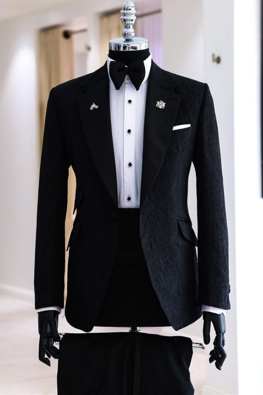 Richard Black Notched Lapel Jacquard Prom Suits | Men's Formal Tuxedo for Weddings & Galas