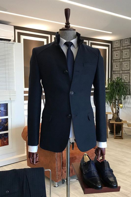 Leo Formal Navy Stand-neck One-button Slim-fit Business Wool Coat