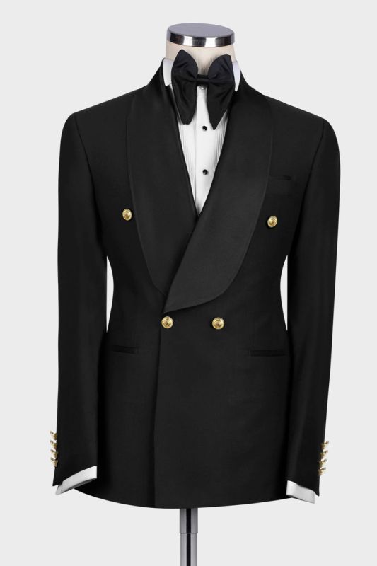 Black Double Breasted Flap Wool Blend Shawl Collar Men Wedding Suit | Gold Buttons