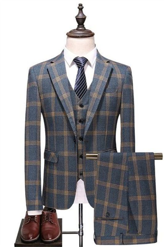 Greenishblue Plaid Formal Business Tuxedo | Fashionable Notch Lapel Prom Suit Online