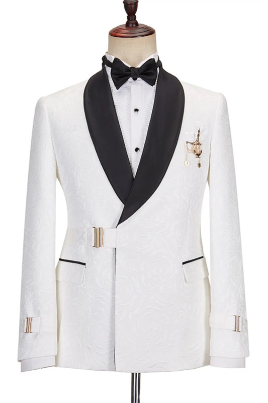 Stylish White Shawl Lapel Jacquard Wedding Suits | Adjustable belt buckle