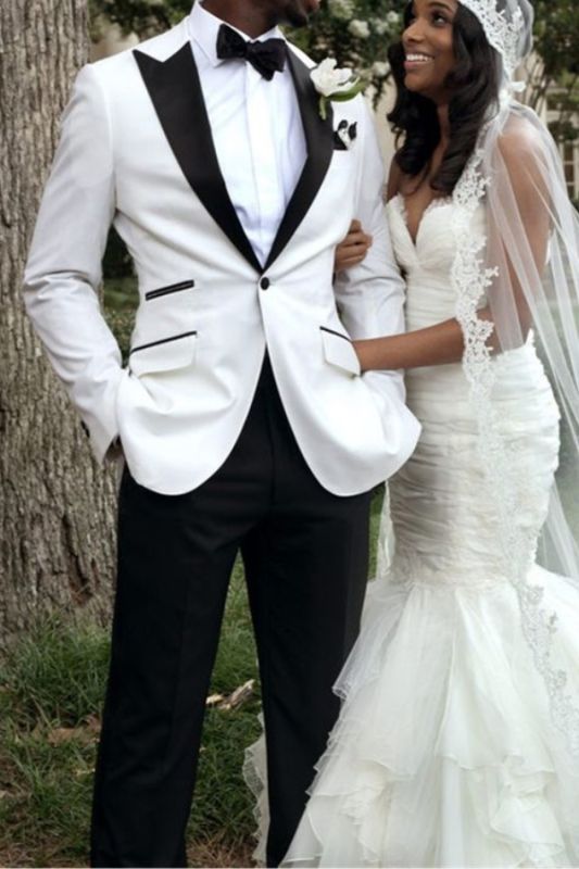 White Groom Tuxedo Mens Wedding Outfit | Point Lapel Groomsmen Wear Prom Party Outfit
